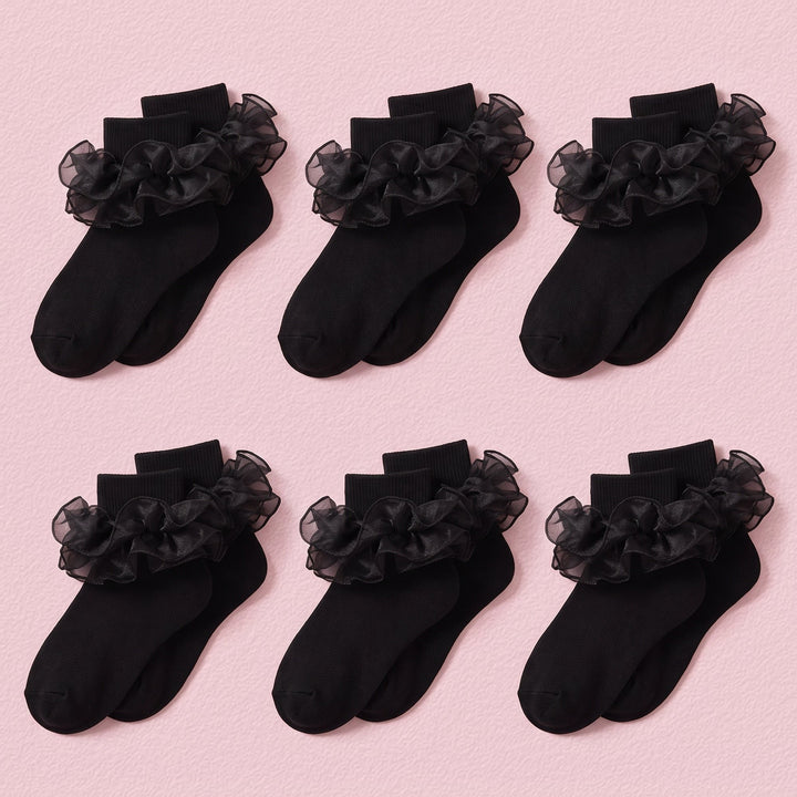 FRILLORA Girls Ruffle Socks with Double Lace Turn-Cuff - Black - 6 Pairs