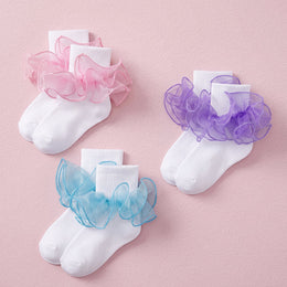 FRILLORA Girls Ruffle Socks with Double Lace Turn-Cuff - Pink, Blue, Purple - 3 Pairs