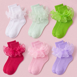 FRILLORA Girls Ruffle Socks with Double Lace Turn-Cuff - Hot Pink, Green, Purple, White, Light Green, Pink - 6 Pairs