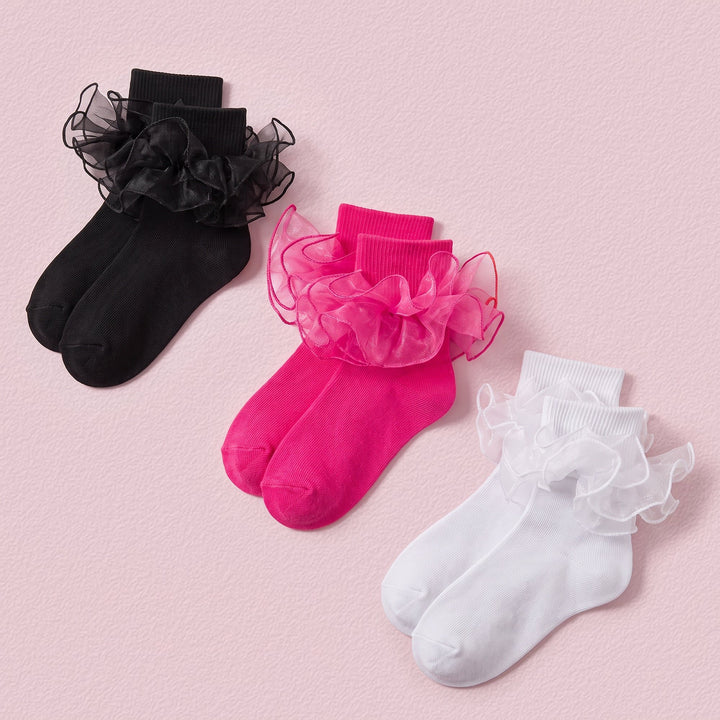 FRILLORA Girls Ruffle Socks with Double Lace Turn-Cuff - Black, White, Hot Pink - 3 Pairs