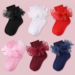 FRILLORA Girls Ruffle Socks with Double Lace Turn-Cuff - Black, White, Red, Pink, Burgundy, Navy Blue - 6 Pairs