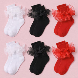 FRILLORA Girls Ruffle Socks with Double Lace Turn-Cuff - Black, White, Red - 6 Pairs