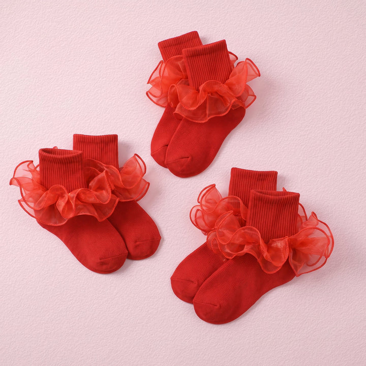 FRILLORA Girls Ruffle Socks with Double Lace Turn-Cuff - Red - 3 Pairs