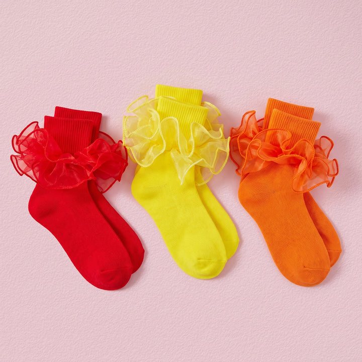 FRILLORA Girls Ruffle Socks with Double Lace Turn-Cuff - Red, Orange, Yellow - 3 Pairs