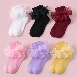 FRILLORA Girls Ruffle Socks with Double Lace Turn-Cuff - White, Black, Burgundy, Pink, Purple, Yellow - 6 Pairs