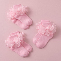 FRILLORA Girls Ruffle Socks with Double Lace Turn-Cuff - Pink - 3 Pairs