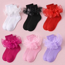 FRILLORA Girls Ruffle Socks with Double Lace Turn-Cuff - Black, White, Red, Hot Pink, Pink, Purple - 6 Pairs