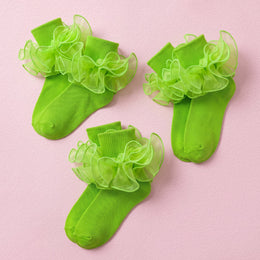 FRILLORA Girls Ruffle Socks with Double Lace Turn-Cuff - Green - 3 Pairs