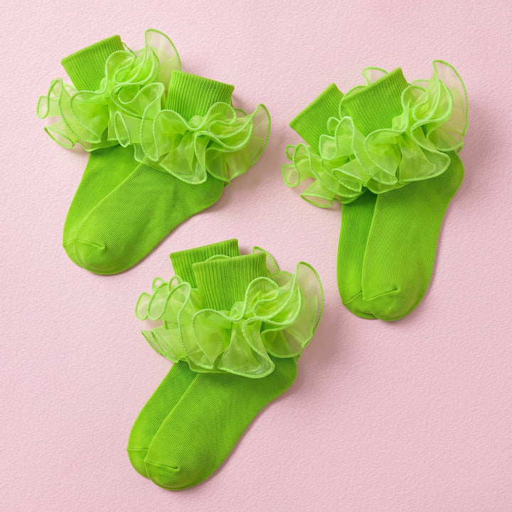 FRILLORA Girls Ruffle Socks with Double Lace Turn-Cuff - Green - 3 Pairs