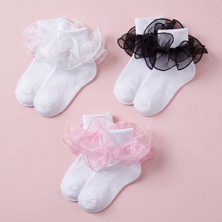 FRILLORA Girls Ruffle Socks with Double Lace Turn-Cuff - White, Black, Pink - 3 Pairs