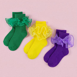 FRILLORA Girls Ruffle Socks with Double Lace Turn-Cuff - Yellow, Green, Purple - 3 Pairs