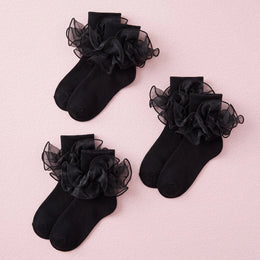 FRILLORA Girls Ruffle Socks with Double Lace Turn-Cuff - Black 2# - 3 Pairs