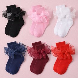 FRILLORA Girls Ruffle Socks with Double Lace Turn-Cuff - Black+white+red+pink+burgundy+navy Blue - 6 Pairs