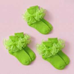 FRILLORA Girls Ruffle Socks with Double Lace Turn-Cuff - Green - 3 Pairs - 3 Pairs