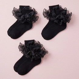 FRILLORA Girls Ruffle Socks with Double Lace Turn-Cuff - Black - 3 Pairs - 3 Pairs