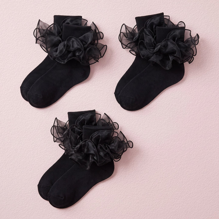 FRILLORA Girls Ruffle Socks with Double Lace Turn-Cuff - Black - 3 Pairs - 3 Pairs