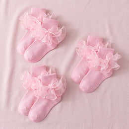 FRILLORA Girls Ruffle Socks with Double Lace Turn-Cuff - Pink - 3 Pairs - 3 Pairs