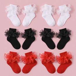 FRILLORA Girls Ruffle Socks with Double Lace Turn-Cuff - 6 Pairs - Black+white+red - 6 Pairs