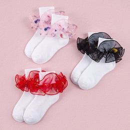 FRILLORA Girls Ruffle Socks with Double Lace Turn-Cuff - Feather Ruffles - 3 Pairs - 3 Pairs