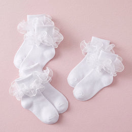 FRILLORA Girls Ruffle Socks with Double Lace Turn-Cuff - White - 3 Pairs - 3 Pairs