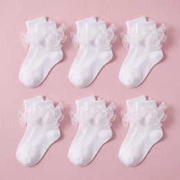 FRILLORA Girls Ruffle Socks with Double Lace Turn-Cuff - White - 6 Pairs - 6 Pairs