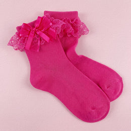 FRILLORA Women's Ruffle Ankle Socks with Bow & Lace Trim - Hot Pink - 1 Pair