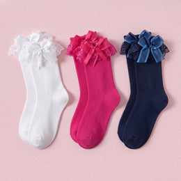 FRILLORA Women's Ruffle Ankle Socks with Bow & Lace Trim - White, Hot Pink, Navy Blue - 3 Pairs
