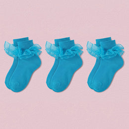 FRILLORA Women's Big Double-Ruffle Turn-Cuff Dress Socks - Aquamarine - 3 Pairs