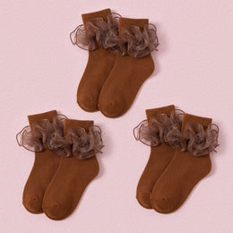 FRILLORA Women's Big Double-Ruffle Turn-Cuff Dress Socks - Brown - 3 Pairs