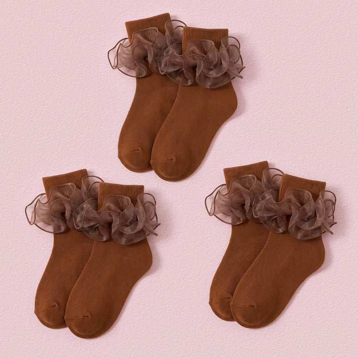 FRILLORA Women's Big Double-Ruffle Turn-Cuff Dress Socks - Brown - 3 Pairs
