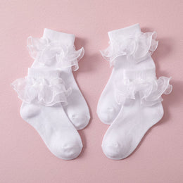 FRILLORA Women's Big Double-Ruffle Turn-Cuff Dress Socks - White - 2 Pairs