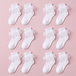 FRILLORA Women's Big Double-Ruffle Turn-Cuff Dress Socks - White - 6 Pairs