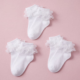 FRILLORA Women's Big Double-Ruffle Turn-Cuff Dress Socks - White - 3 Pairs