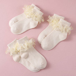FRILLORA Women's Big Double-Ruffle Turn-Cuff Dress Socks - Cream - 3 Pairs