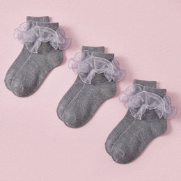 FRILLORA Women's Big Double-Ruffle Turn-Cuff Dress Socks - Grey - 3 Pairs
