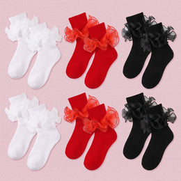 FRILLORA Women's Big Double-Ruffle Turn-Cuff Dress Socks - White, Red, Black - 6 Pairs