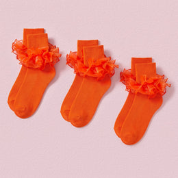 FRILLORA Women's Big Double-Ruffle Turn-Cuff Dress Socks - Orange - 3 Pairs