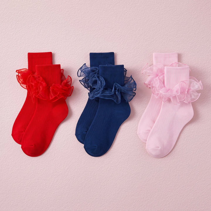 FRILLORA Women's Big Double-Ruffle Turn-Cuff Dress Socks - Red, Navy Blue, Pink - 3 Pairs
