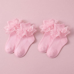 FRILLORA Women's Big Double-Ruffle Turn-Cuff Dress Socks - Pink - 2 Pairs