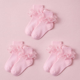 FRILLORA Women's Big Double-Ruffle Turn-Cuff Dress Socks - Pink - 3 Pairs