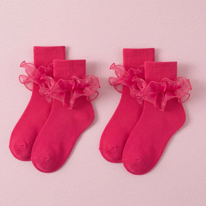 FRILLORA Women's Big Double-Ruffle Turn-Cuff Dress Socks - Hot Pink - 2 Pairs
