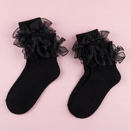 FRILLORA Women's Big Double-Ruffle Turn-Cuff Dress Socks - Black - 2 Pairs