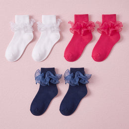 FRILLORA Women's Big Double-Ruffle Turn-Cuff Dress Socks - White, Navy Blue, Hot Pink - 3 Pairs