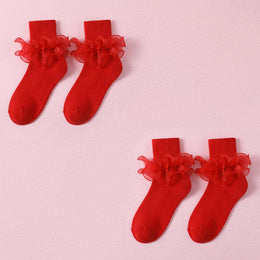 FRILLORA Women's Big Double-Ruffle Turn-Cuff Dress Socks - Red - 2 Pairs