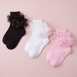 FRILLORA Women's Big Double-Ruffle Turn-Cuff Dress Socks - Black, White, Pink - 3 Pairs
