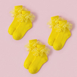 FRILLORA Women's Big Double-Ruffle Turn-Cuff Dress Socks - Yellow - 3 Pairs