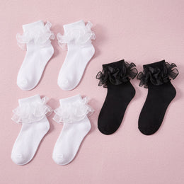 FRILLORA Women's Big Double-Ruffle Turn-Cuff Dress Socks - White, Black - 3 Pairs