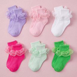 FRILLORA Women's Big Double-Ruffle Turn-Cuff Dress Socks - Hot Pink, Green, Purple, Light Green, Pink, White - 6 Pairs