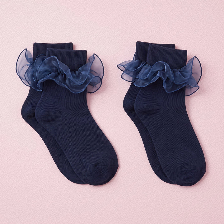 FRILLORA Women's Big Double-Ruffle Turn-Cuff Dress Socks - Navy Blue - 2 Pairs