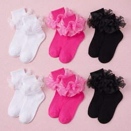FRILLORA Women's Big Double-Ruffle Turn-Cuff Dress Socks - White, Hot Pink, Black - 6 Pairs